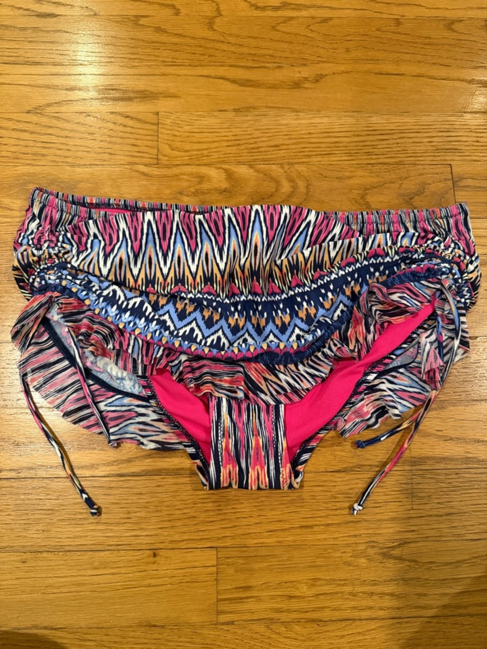 Patterned Drawstring Bikini Bottoms in Pink & Blue